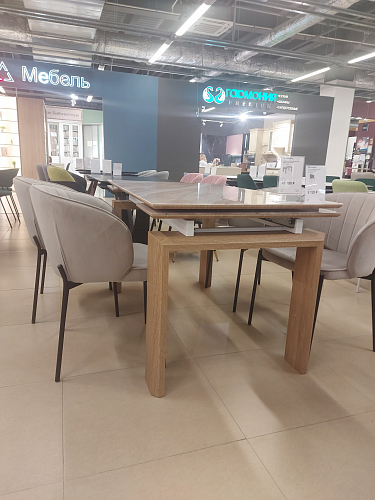 Стеклянный стол Давос бежевый мрамор / дуб монтана из шоурума 2